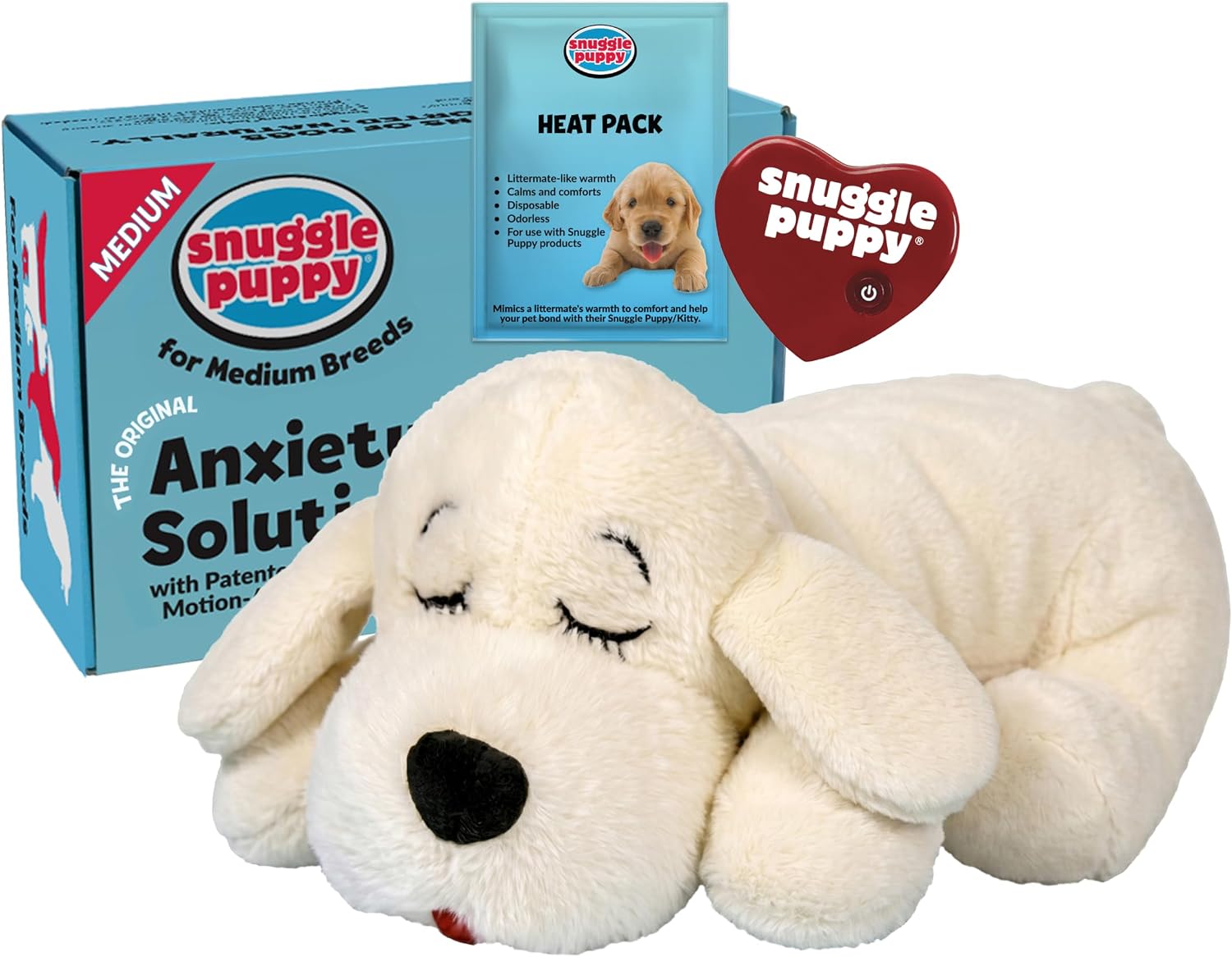 Snuggle Puppy Original Calming Heartbeat Toy for Medium Dogs 25-70 lbs Cream