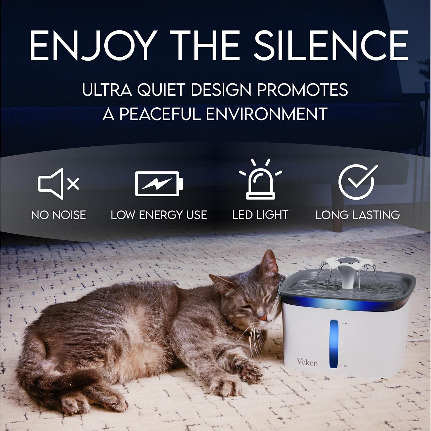 Veken 95oz Pet Fountain Automatic Cat Water Dispenser Grey 2 Filters